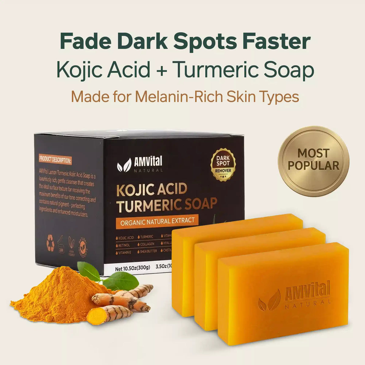 AMVital Turmeric Kojic Acid Soap Bar for Dark Spots &amp; Uneven Tone