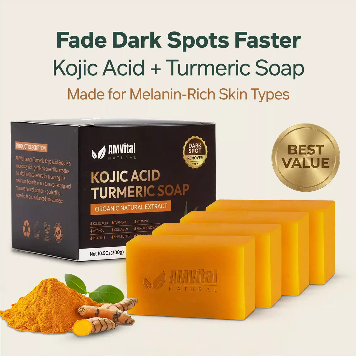 AMVital Turmeric Kojic Acid Soap Bar for Dark Spots &amp; Uneven Tone