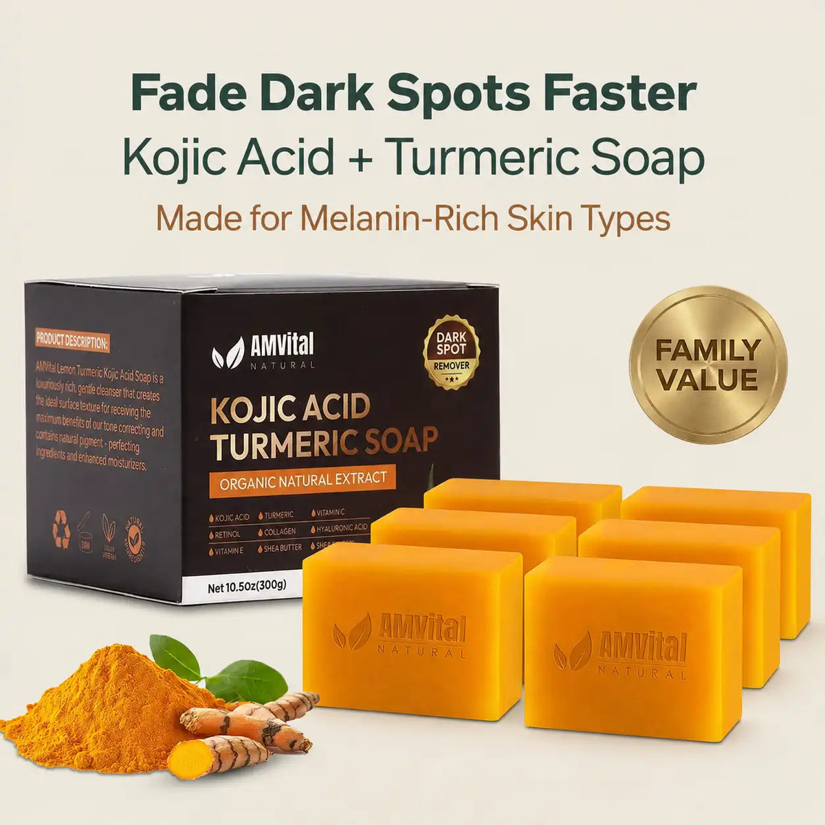 AMVital Turmeric Kojic Acid Soap Bar for Dark Spots &amp; Uneven Tone